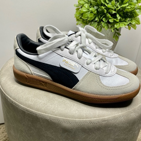 PUMA White/Black Palermo Leather + Suede Sneakers Size 7 - Picture 2 of 7